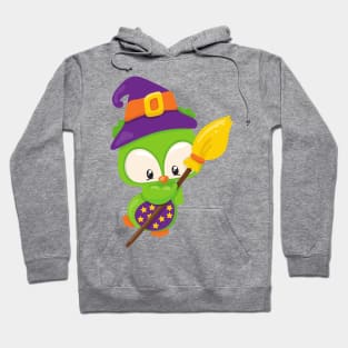 Halloween Owl, Cute Owl, Green Owl, Witch Broom Hoodie